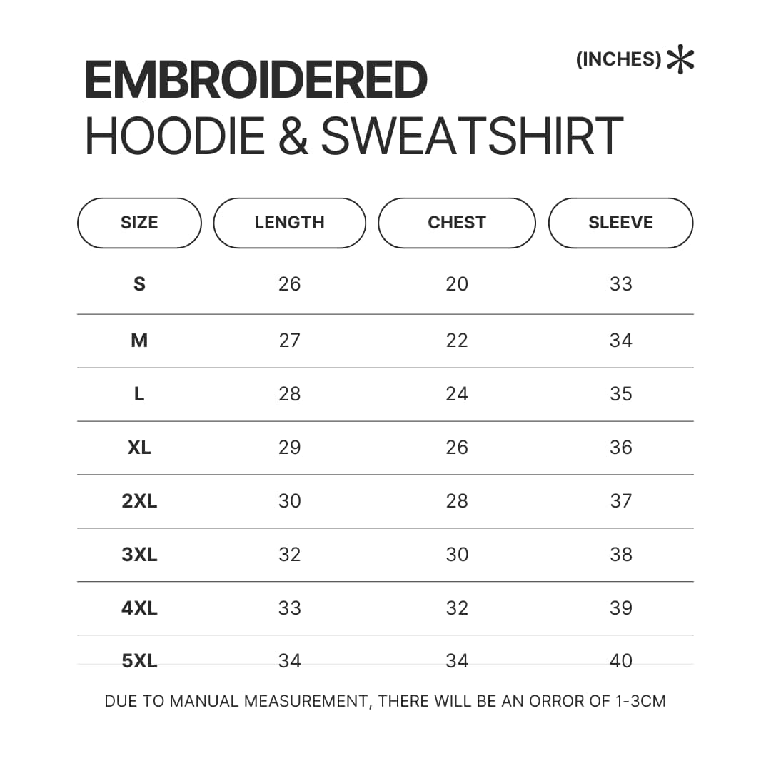 Embroidered Hoodie Sweatshirt Size Chart 1 - Table Tennis Gifts