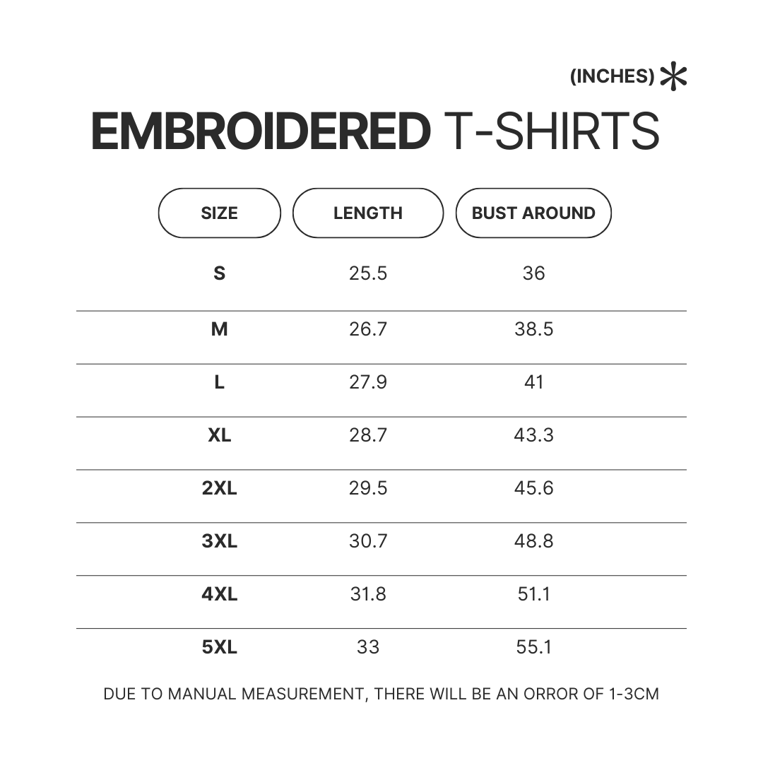 Embroidered T shirt Size Chart 1 - Table Tennis Gifts